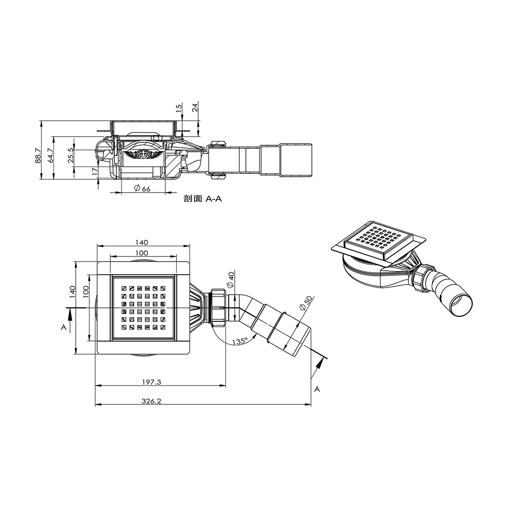 square 4 inch floor drain dimension drawing with horizontal outlet