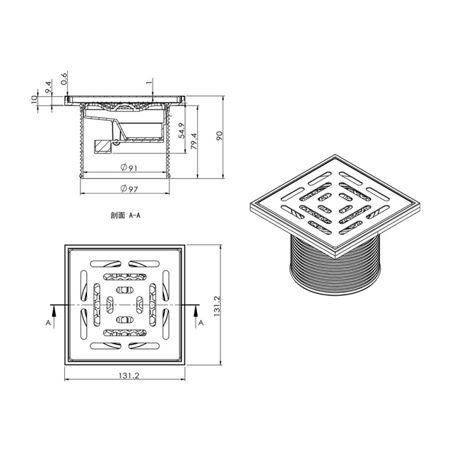 abs shower drain dimension drawing showing SS304 grate specifications