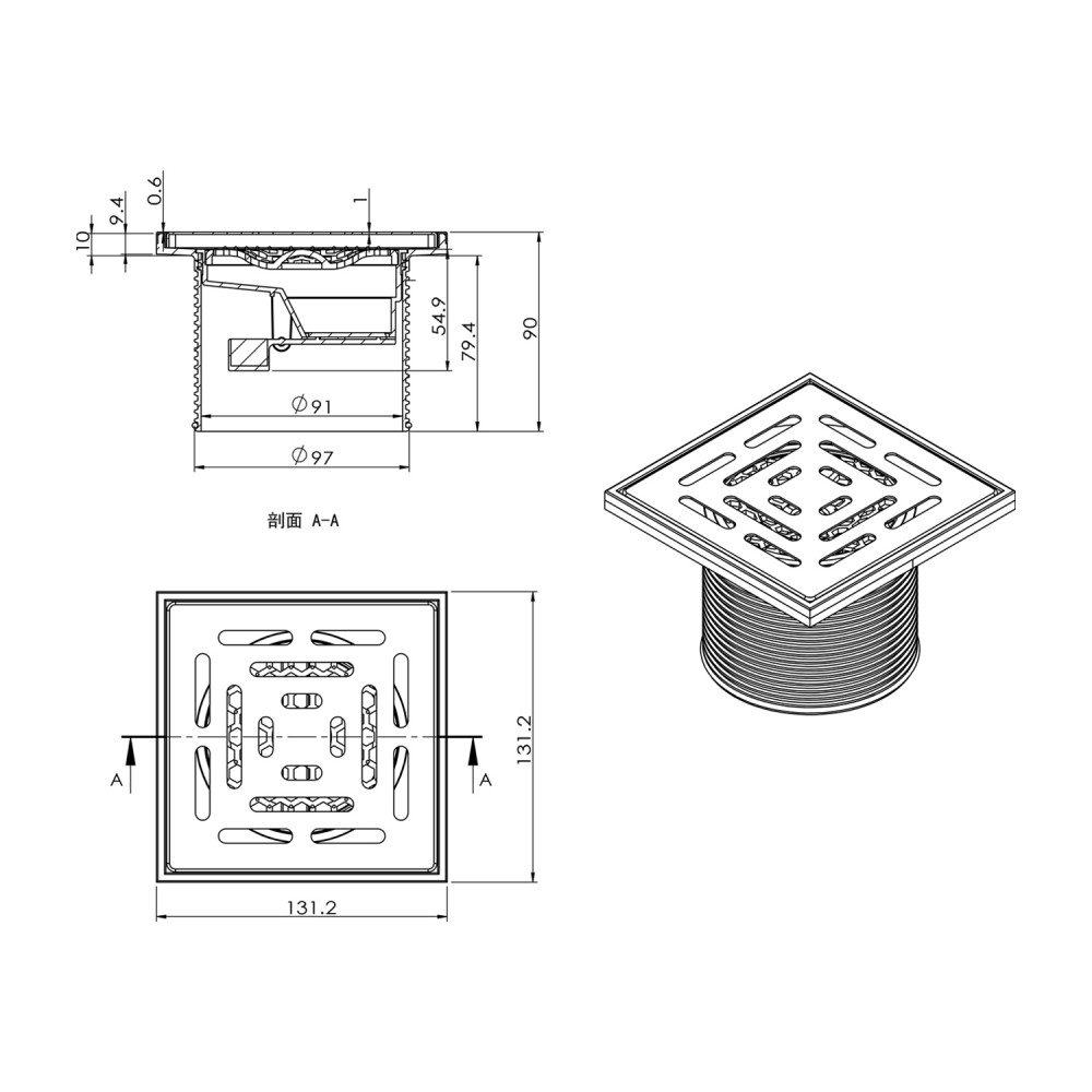 abs shower drain dimension drawing showing SS304 grate specifications
