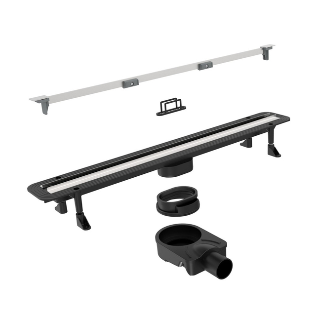 Exploded components of slim linear drain featuring rotatable wet dry siphon and sealing membrane