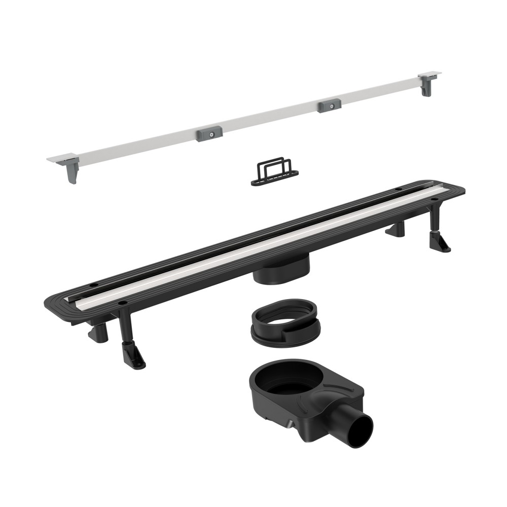 Exploded components of slim linear drain featuring rotatable wet dry siphon and sealing membrane