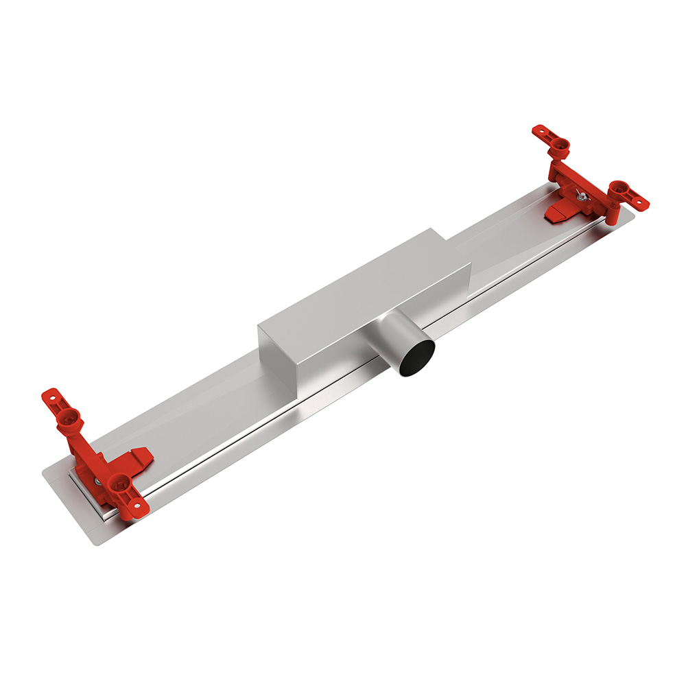 Underside of a linear floor drain showing horizontal outlet and leveling brackets