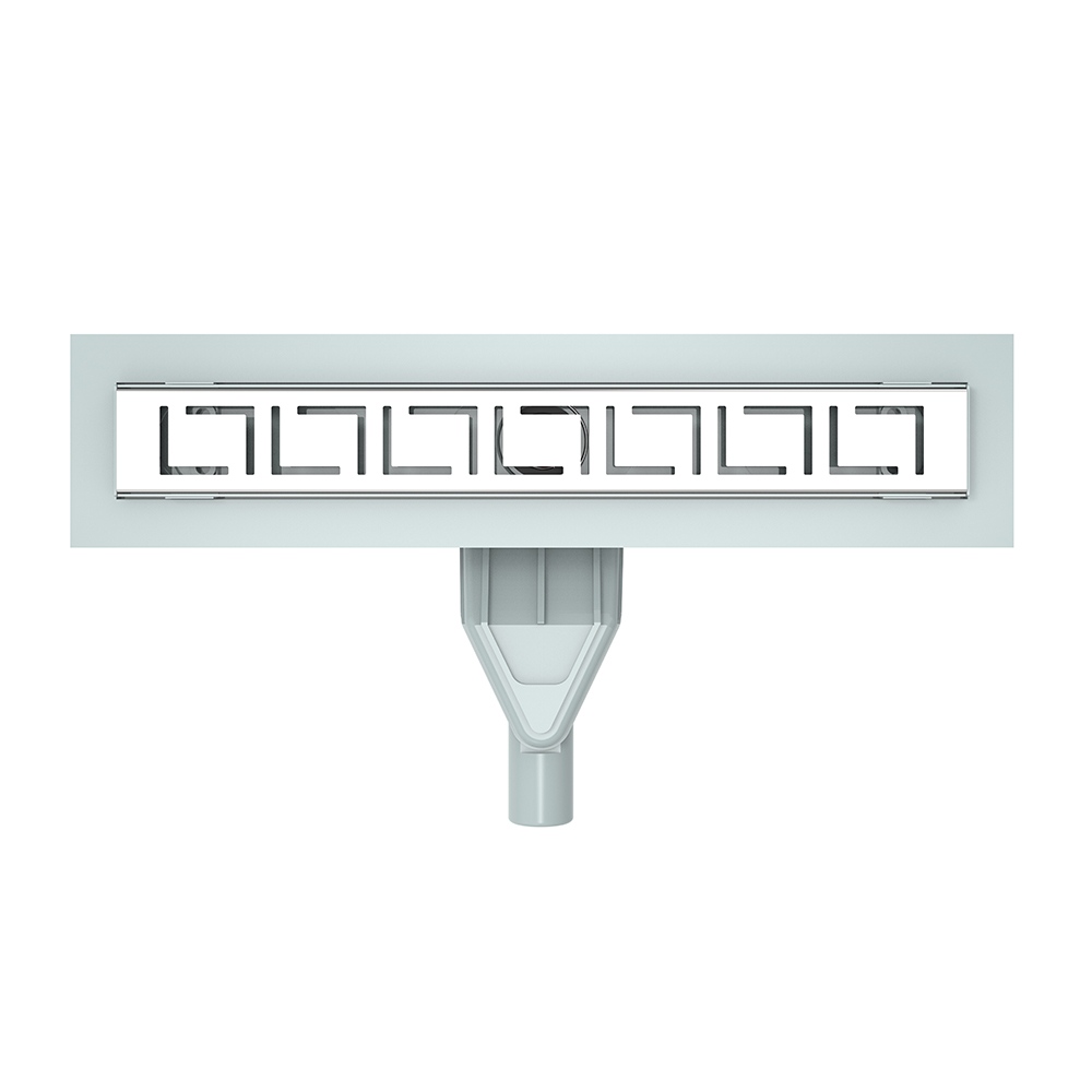 Top down look at a linear shower floor drain with high-flow drainage slots