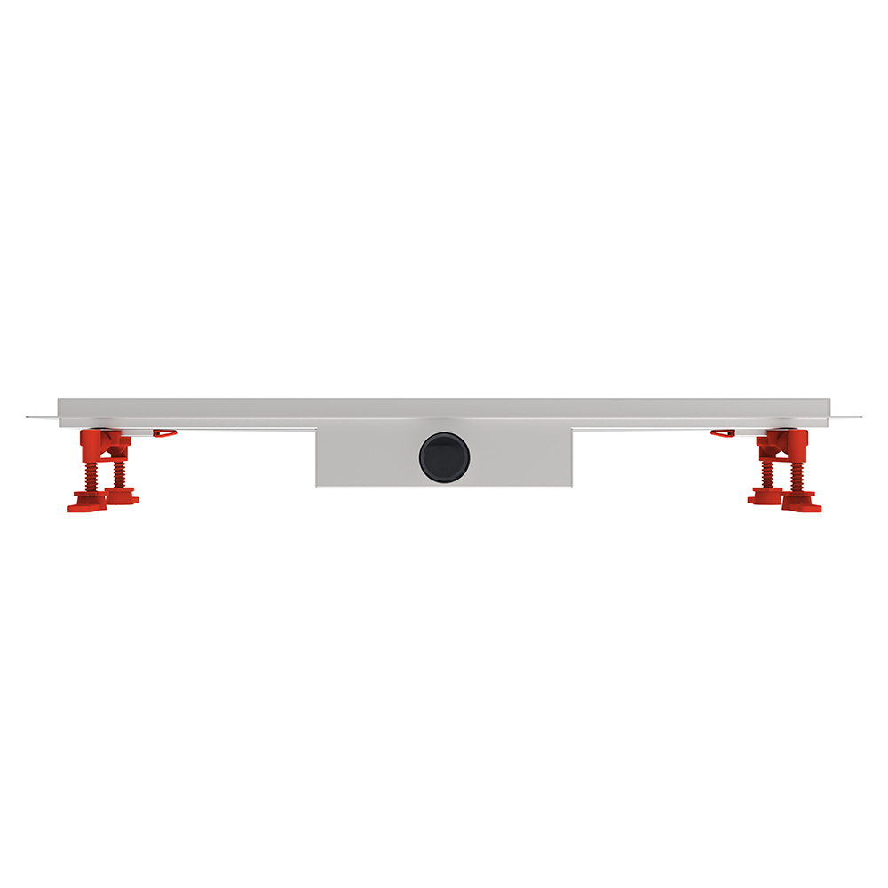 Frontal elevation of a slim 55mm width linear drain for tile showers