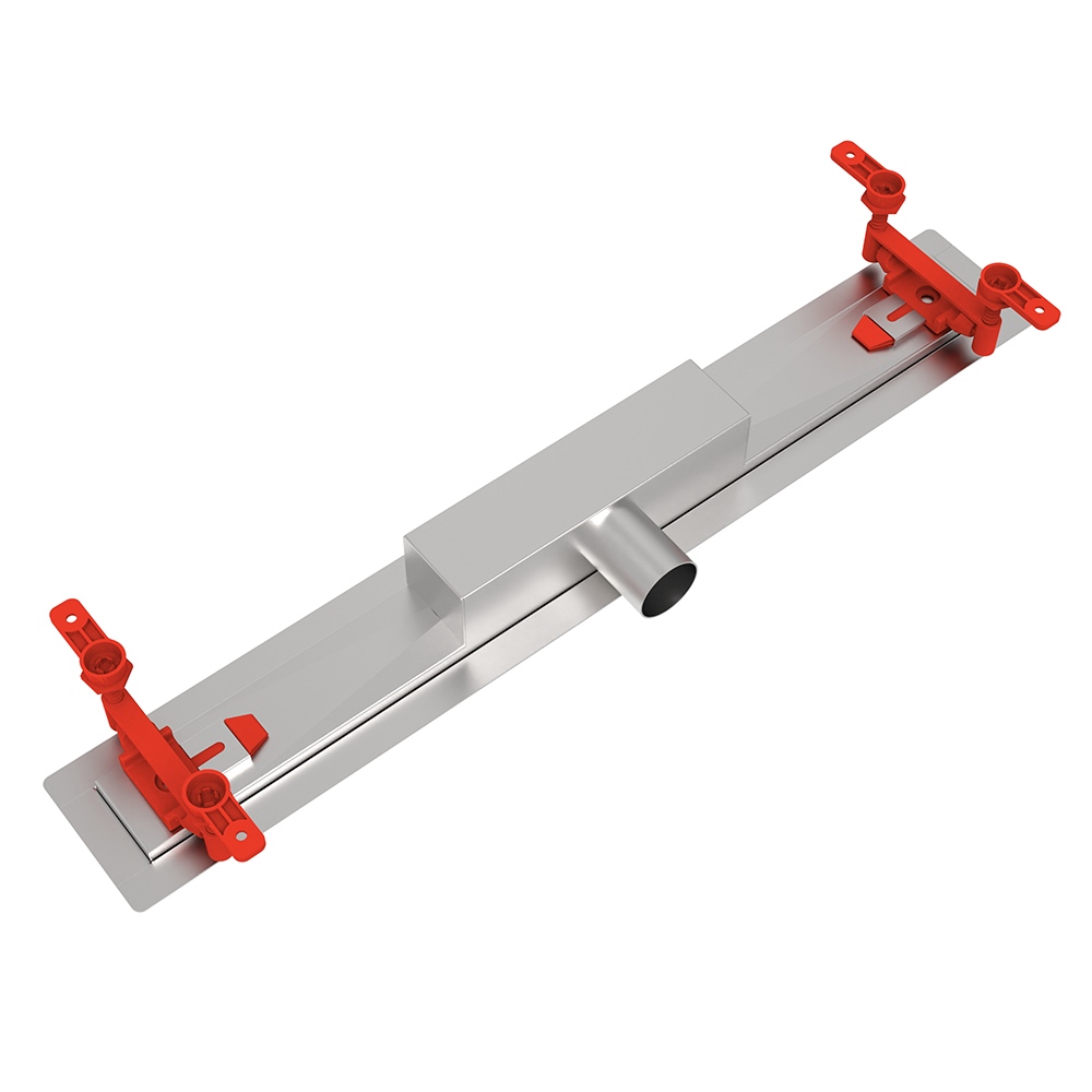 Underside of linear drain showing red height adjustable feet for precise tile leveling