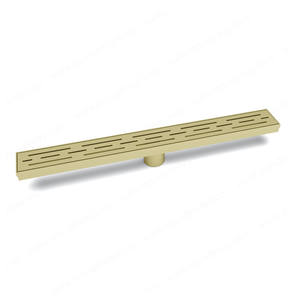 Champagne gold low profile linear drain offering anti clog drainage and adjustable outlet