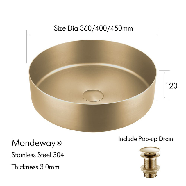 Round bathroom sink stainless sink round with size diameter and pop up drain system