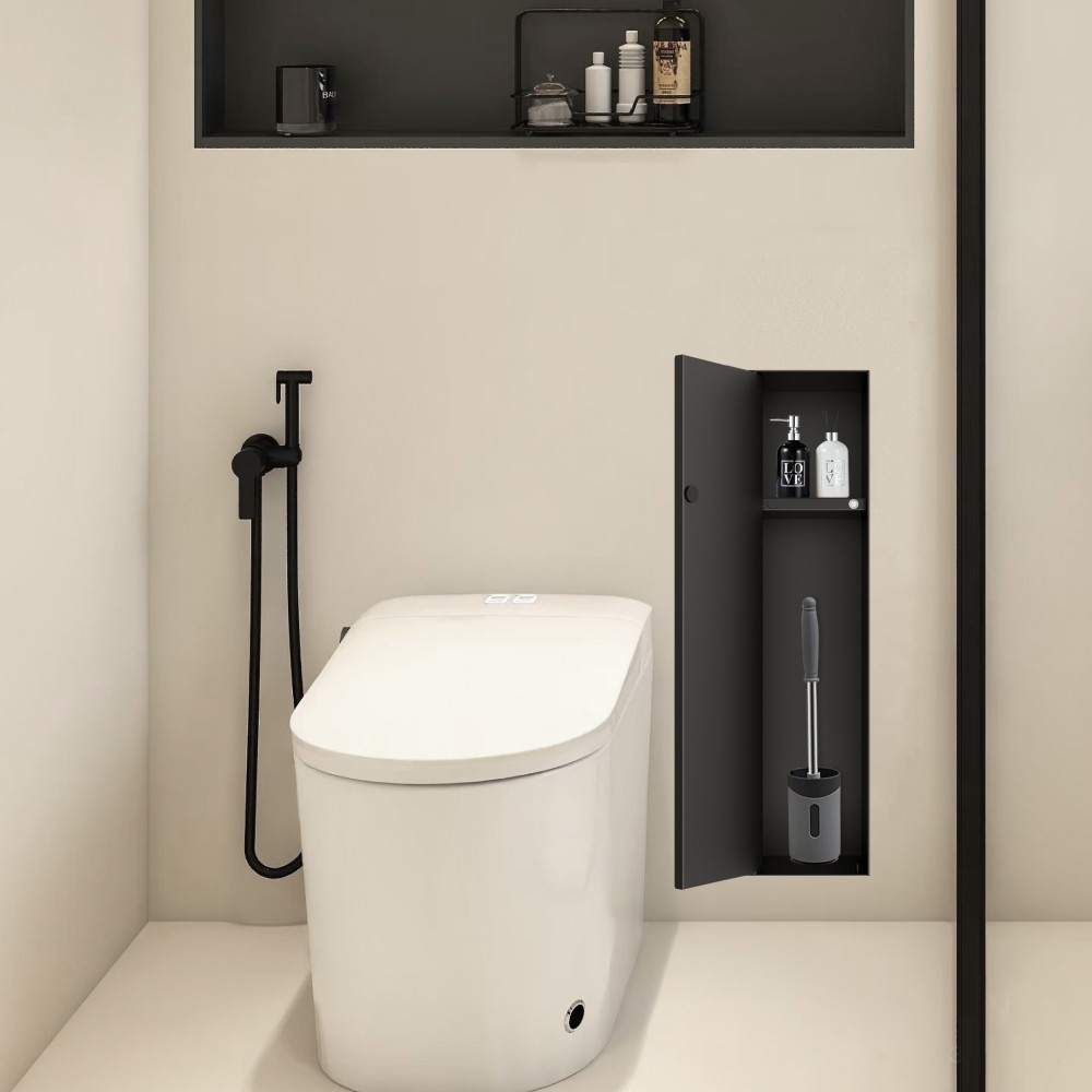Vertical shower niche with hidden wall door for toilet brush and accessories