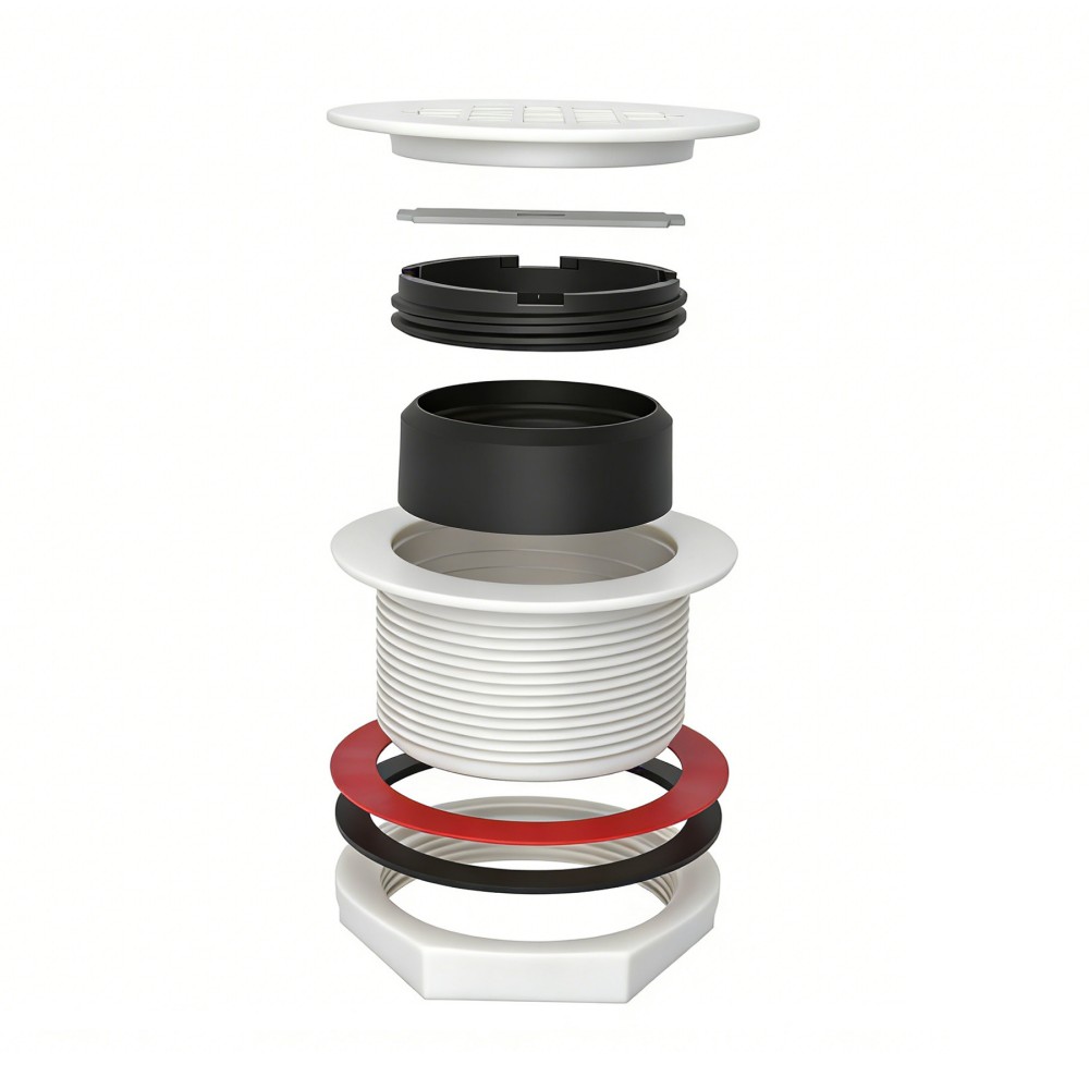 exploded assembly of round shower drain abs base and drain cover components