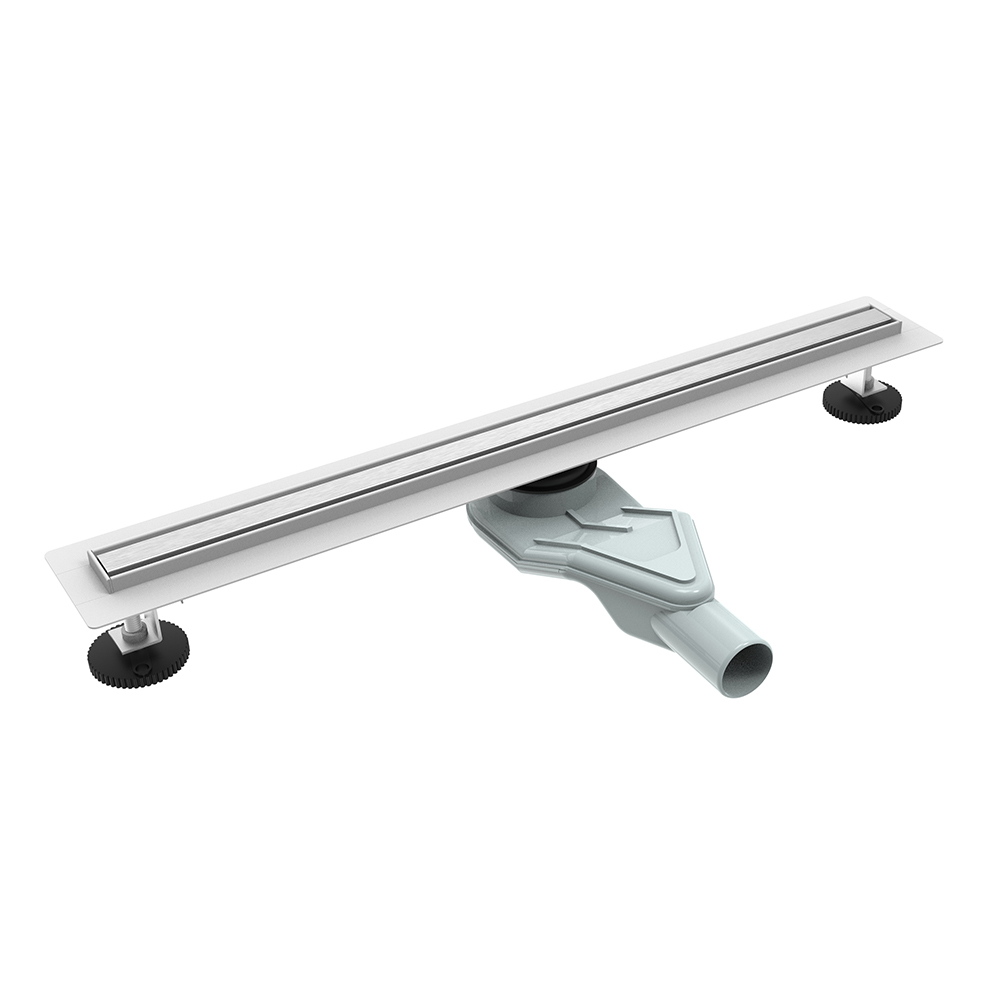 Linear adjustable shower drain with slim channel design and brushed stainless steel finish