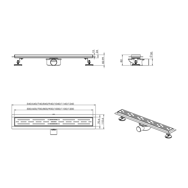 Technical drawings and dimensions for the adjustable linear shower drain assembly