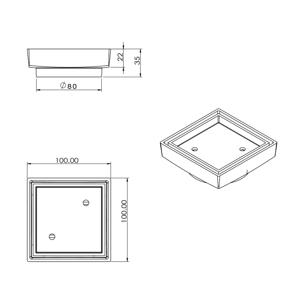 technical drawing of brass square shower drain showing dimensions