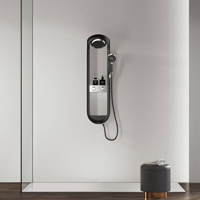 wall mounted 3 outlet thermostatic shower panel in modern bathroom