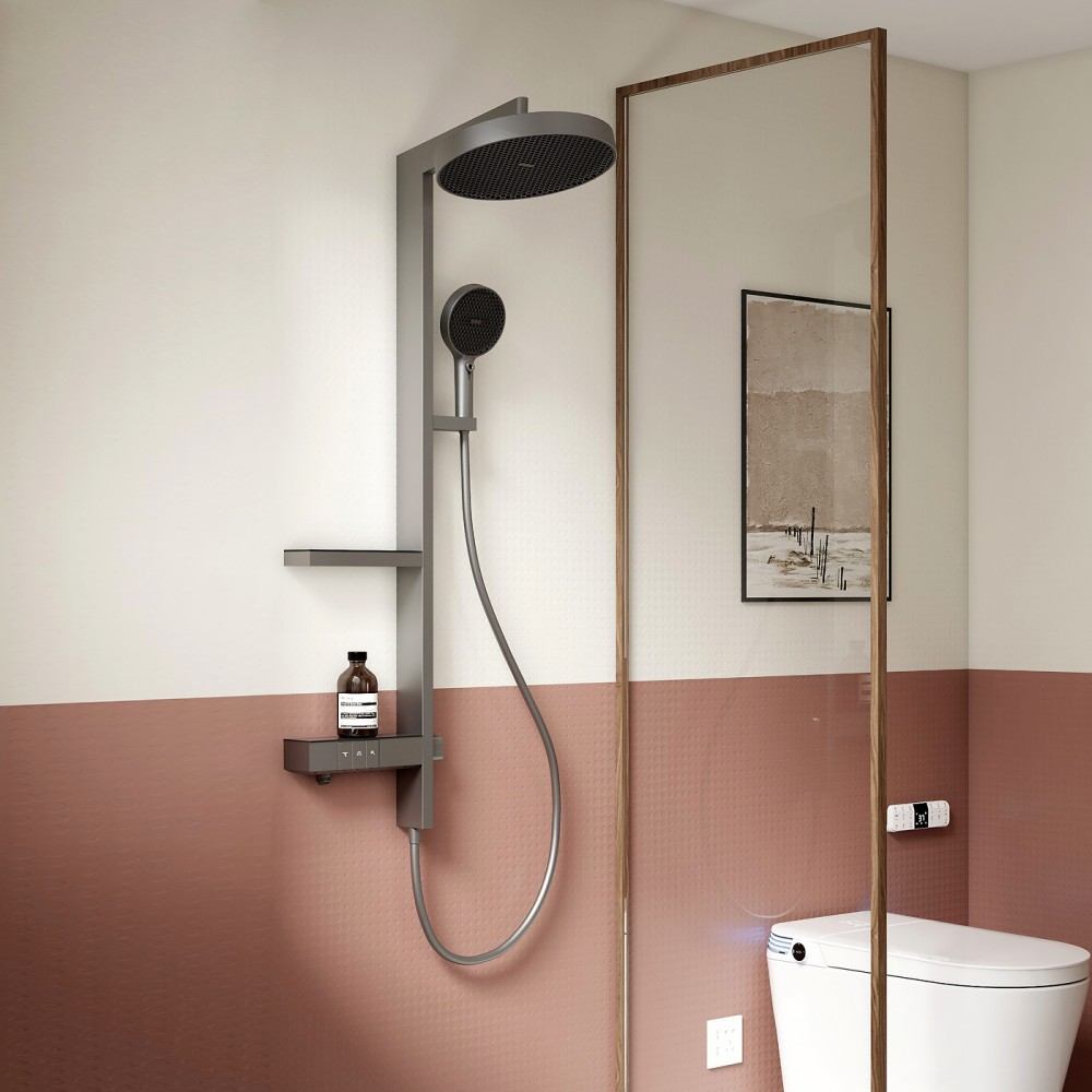 Installed 3 outlet thermostatic shower column in modern bathroom scene