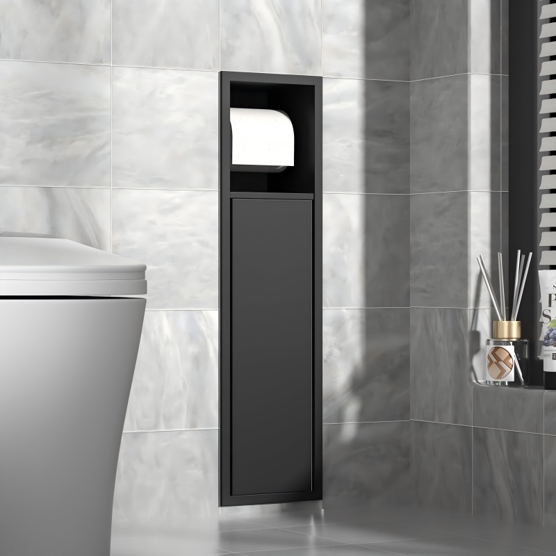 Recessed toilet brush holder with open concealed storage compartment