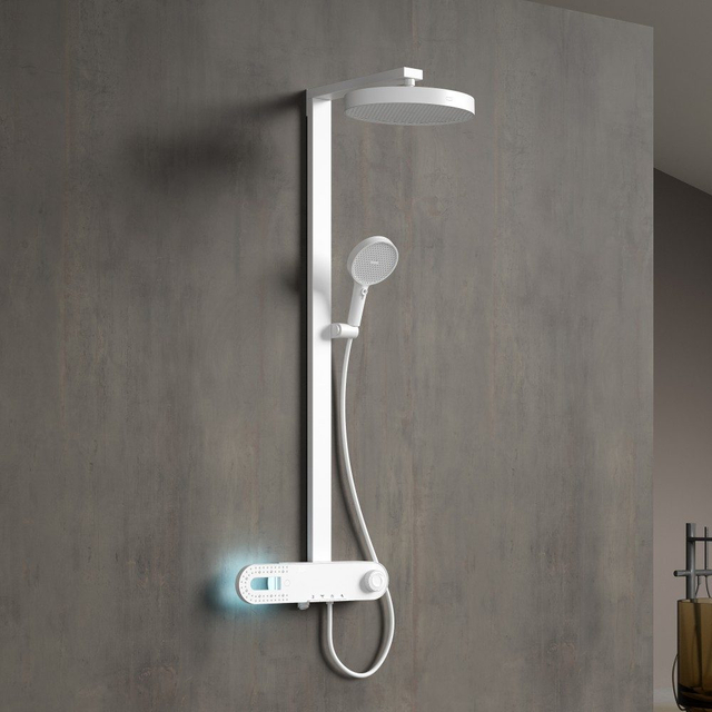 LED thermostatic shower system installed on modern bathroom wall