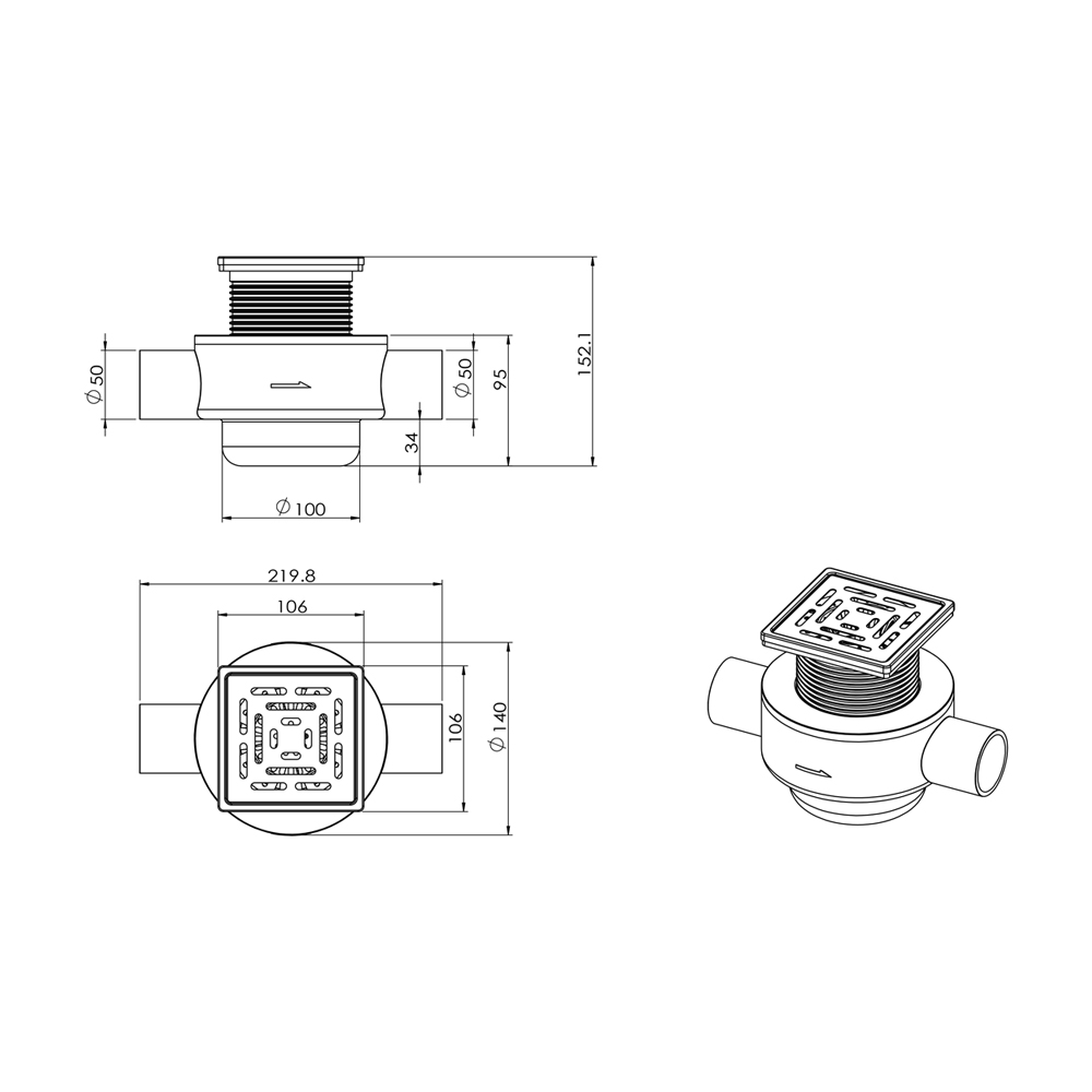square dual outlet drain dimensions with horizontal outlet specification