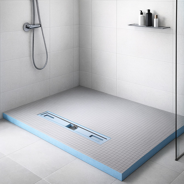 Walk-in shower floor tray installed with linear drain