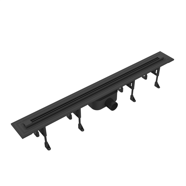 Black slim slot drain with horizontal outlet designed for bathroom renovation projects