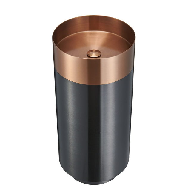 Modern black and copper stainless steel pedestal sink top view with round basin