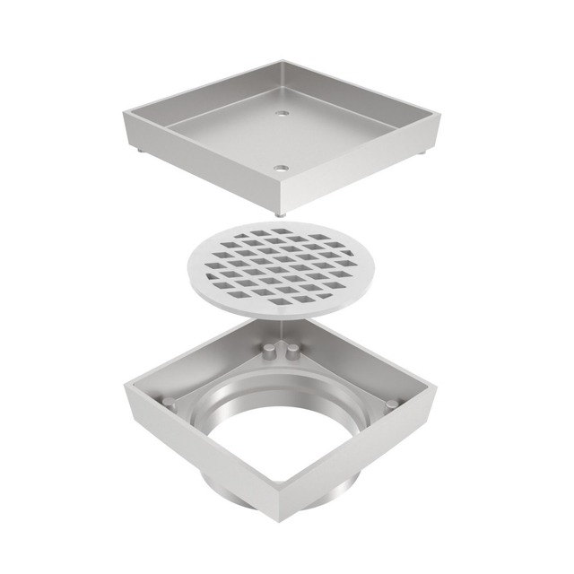exploded assembly of square brass floor drain showing grate and internal parts
