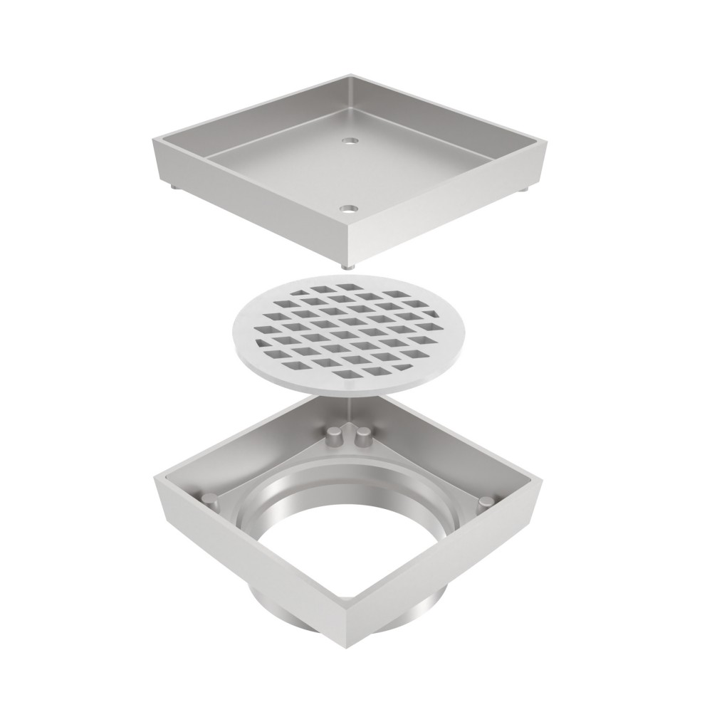 exploded assembly of square brass floor drain showing grate and internal parts