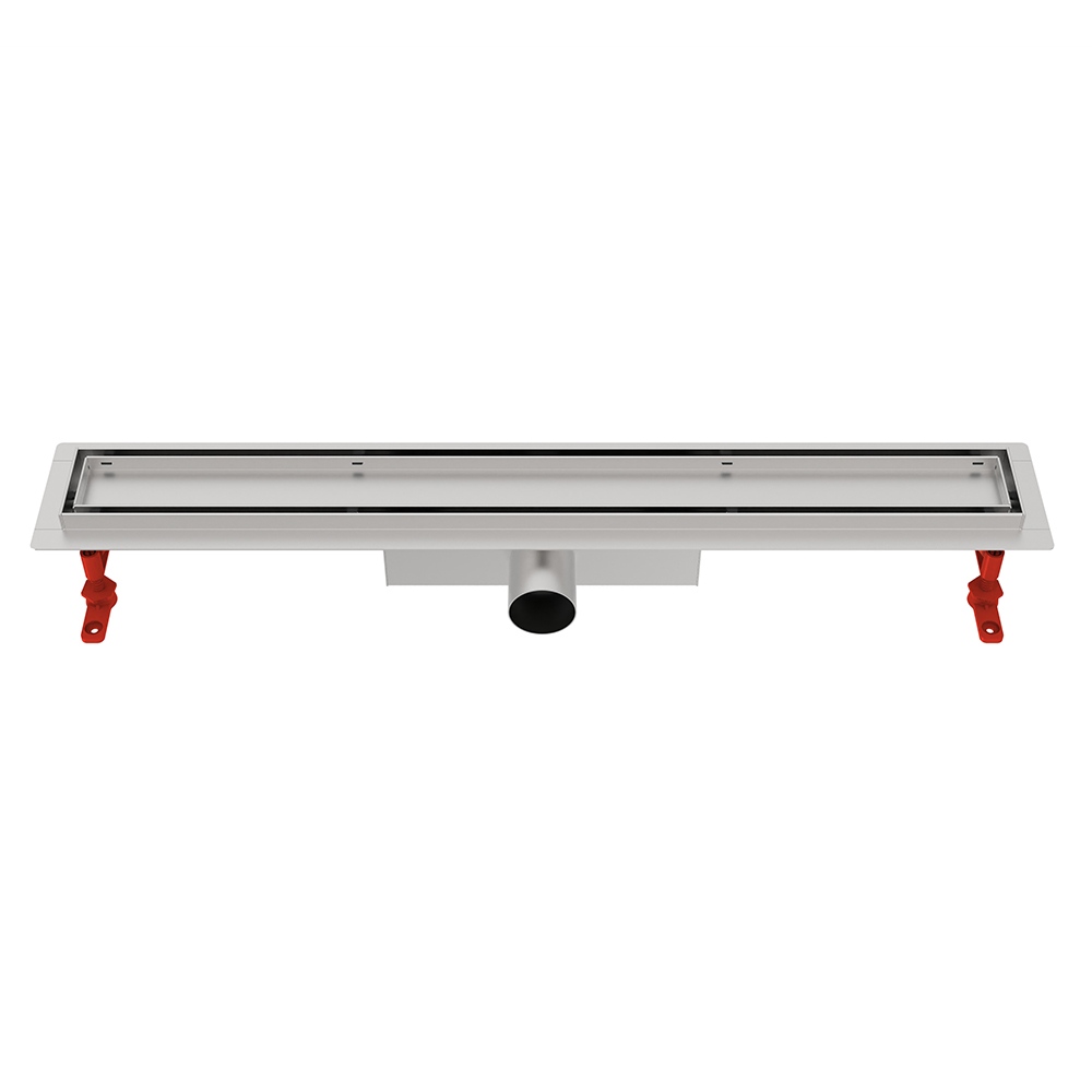 Side profile of adjustable shower drains featuring red height-leveling feet
