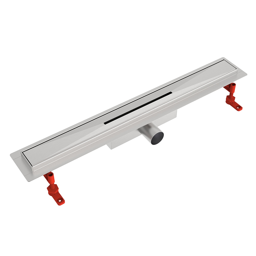 Brushed stainless steel linear drain with height adjustable feet for modern tile showers