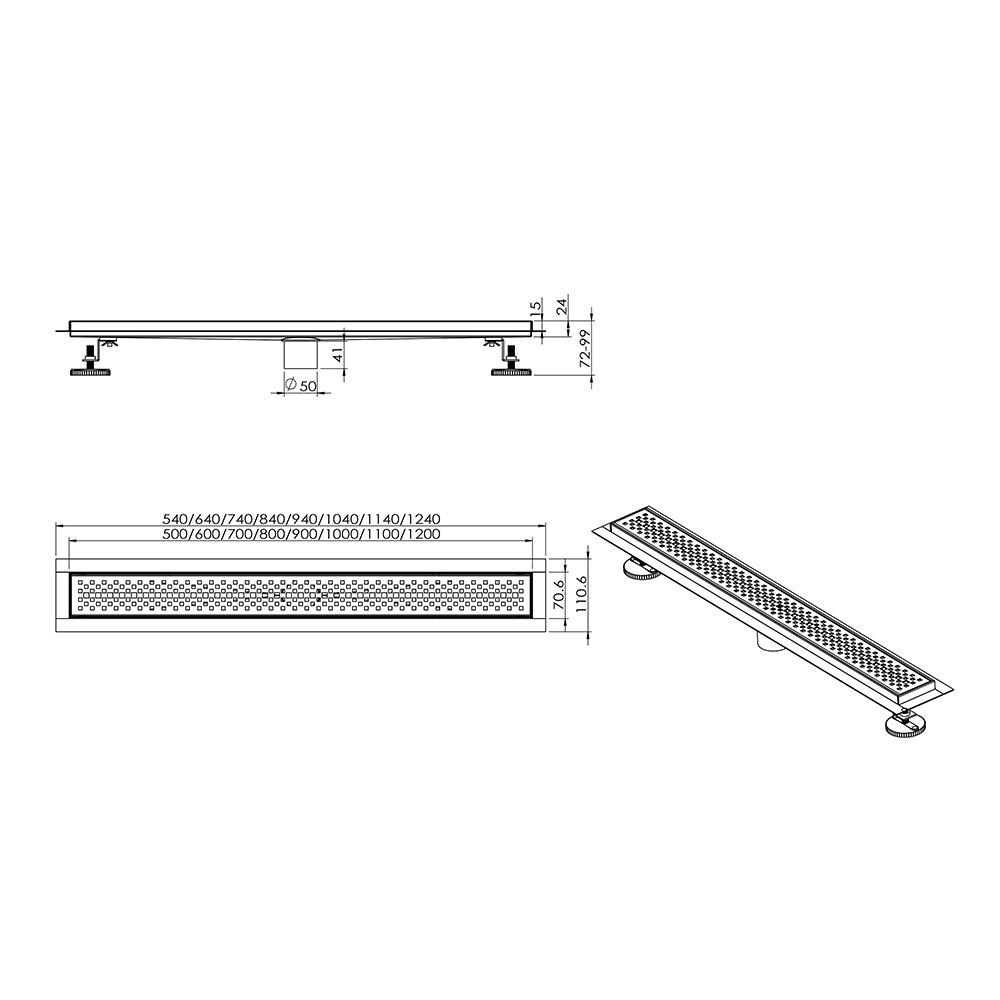 Shower linear drain technical drawing with adjustable height dimensions