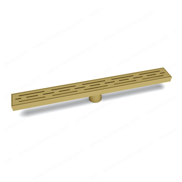 Gold titanium low profile linear drain featuring anti clog channel and adjustable outlet