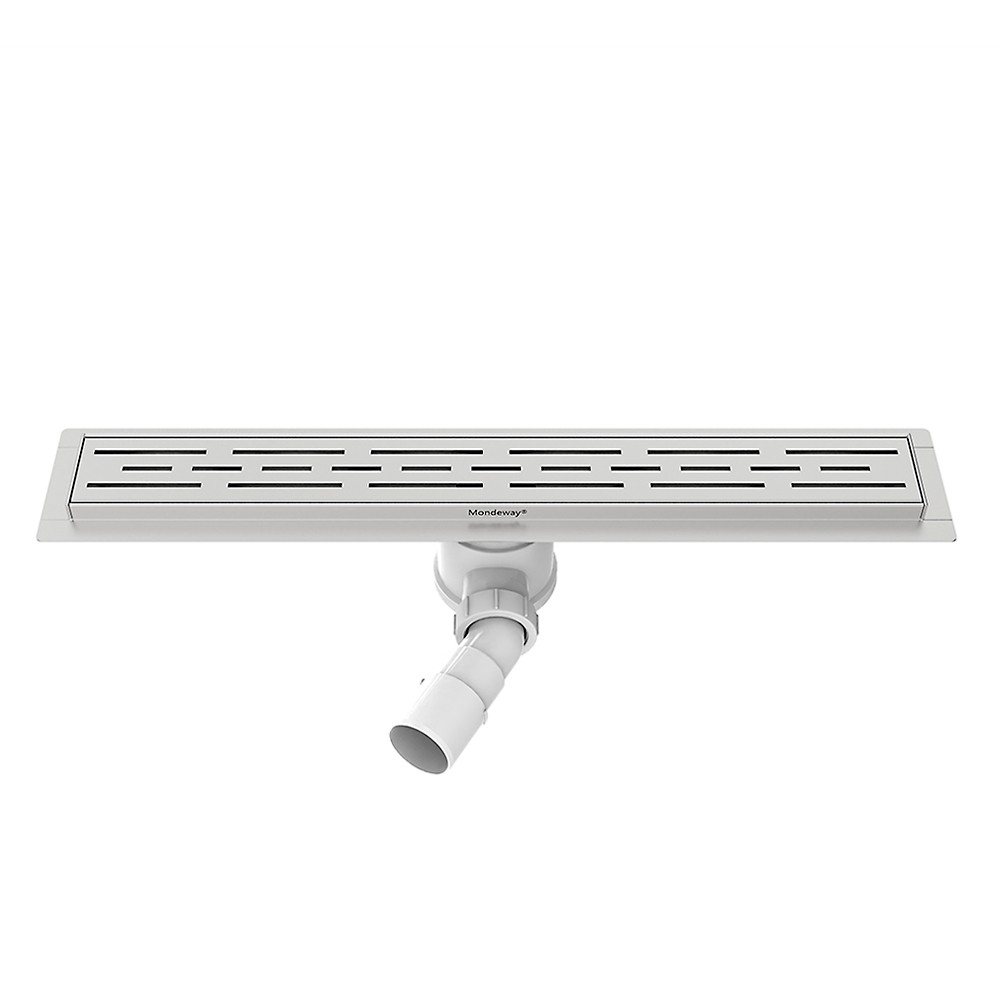 Front side of linear shower drain stainless steel body with horizontal pipe connection
