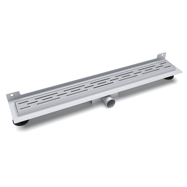 Adjustable linear shower drain with brushed stainless steel finish and leveling feet