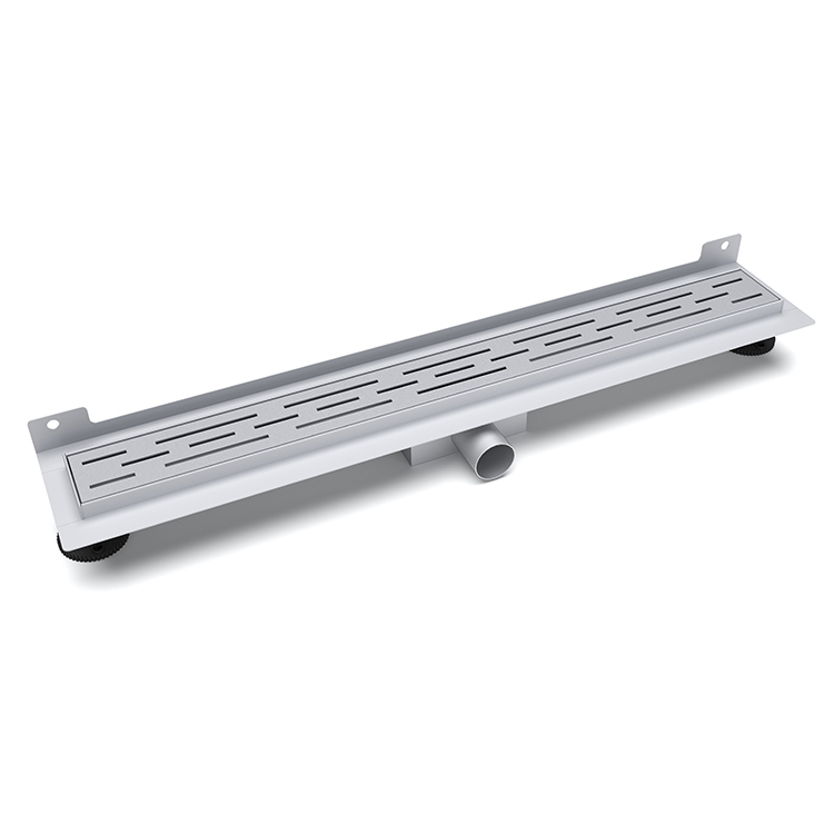 Adjustable linear shower drain with brushed stainless steel finish and leveling feet