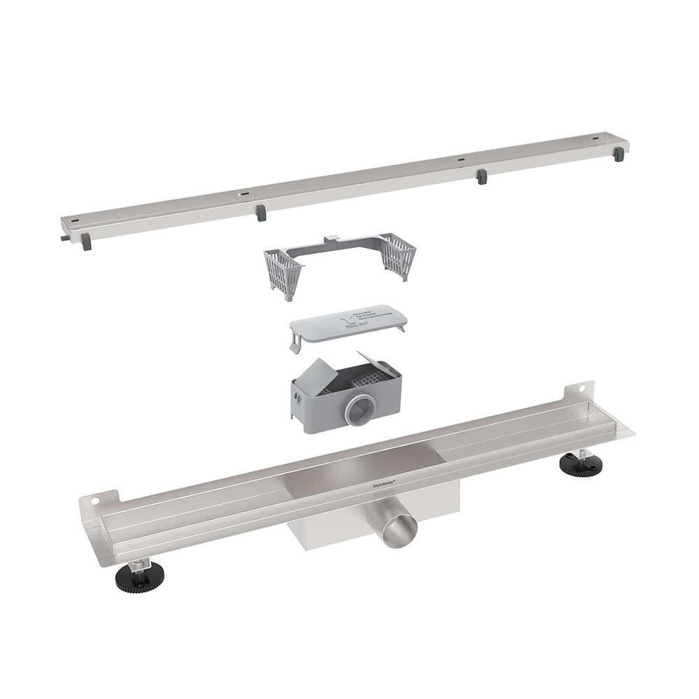 Exploded breakdown of wall shower drain components including hair filter and trap