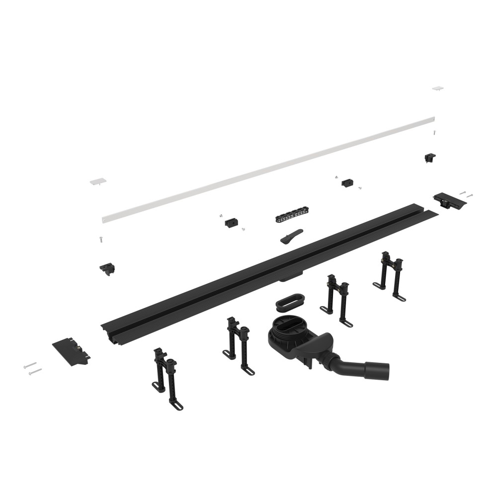 Exploded view showing components of a cuttable slim line drain with 360 rotatable siphon