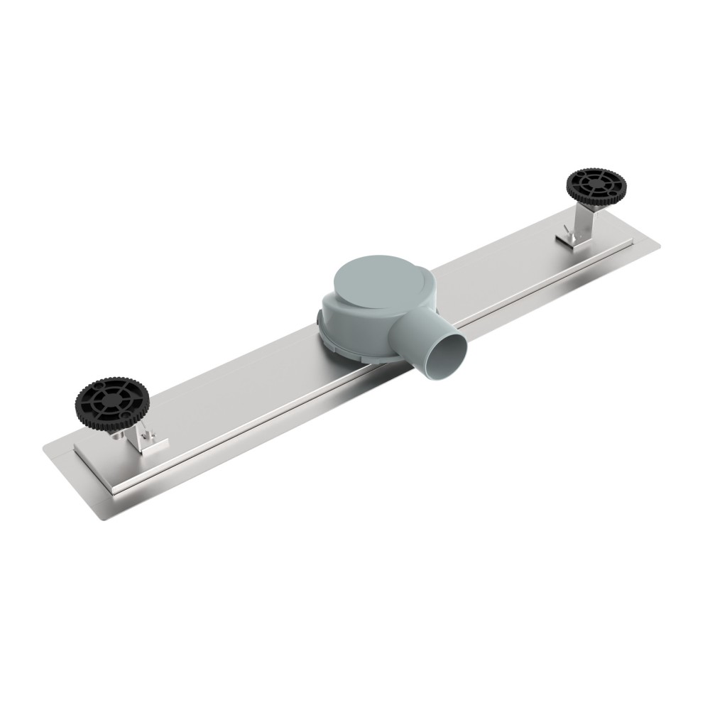 End view of stainless steel linear drain assembly showing outlet and adjustable feet