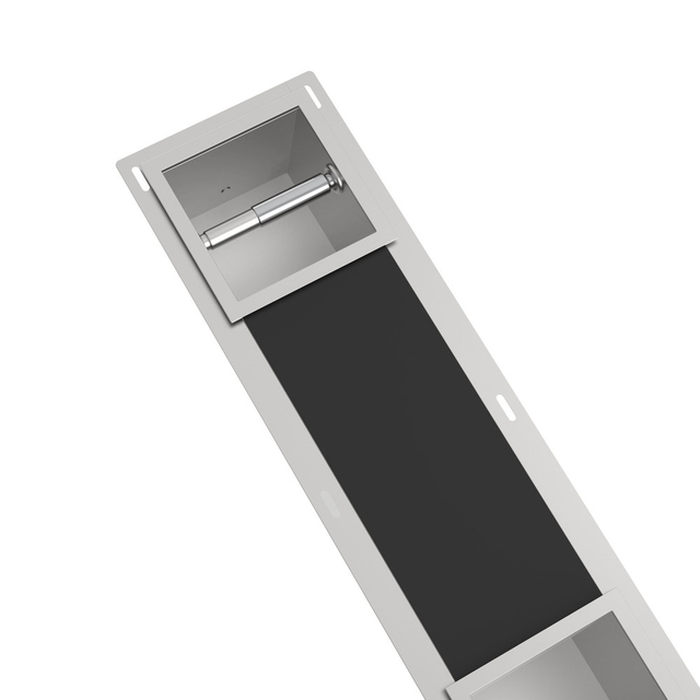 Angled stainless steel toilet paper holder and storage showing recessed mounting flange and roll bar