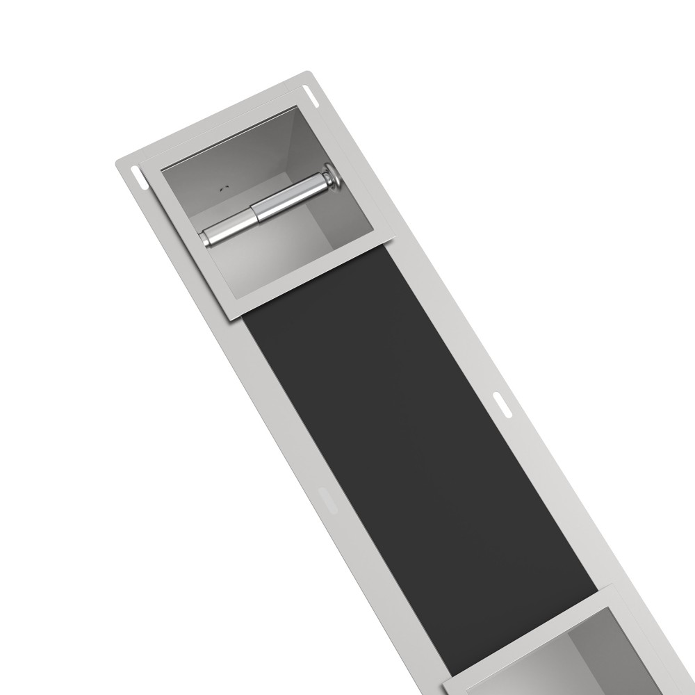 Angled stainless steel toilet paper holder and storage showing recessed mounting flange and roll bar