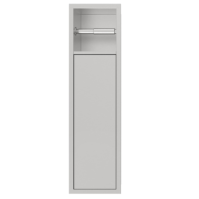 Wall embedded recessed toilet brush holder with closed door and hidden storage compartment