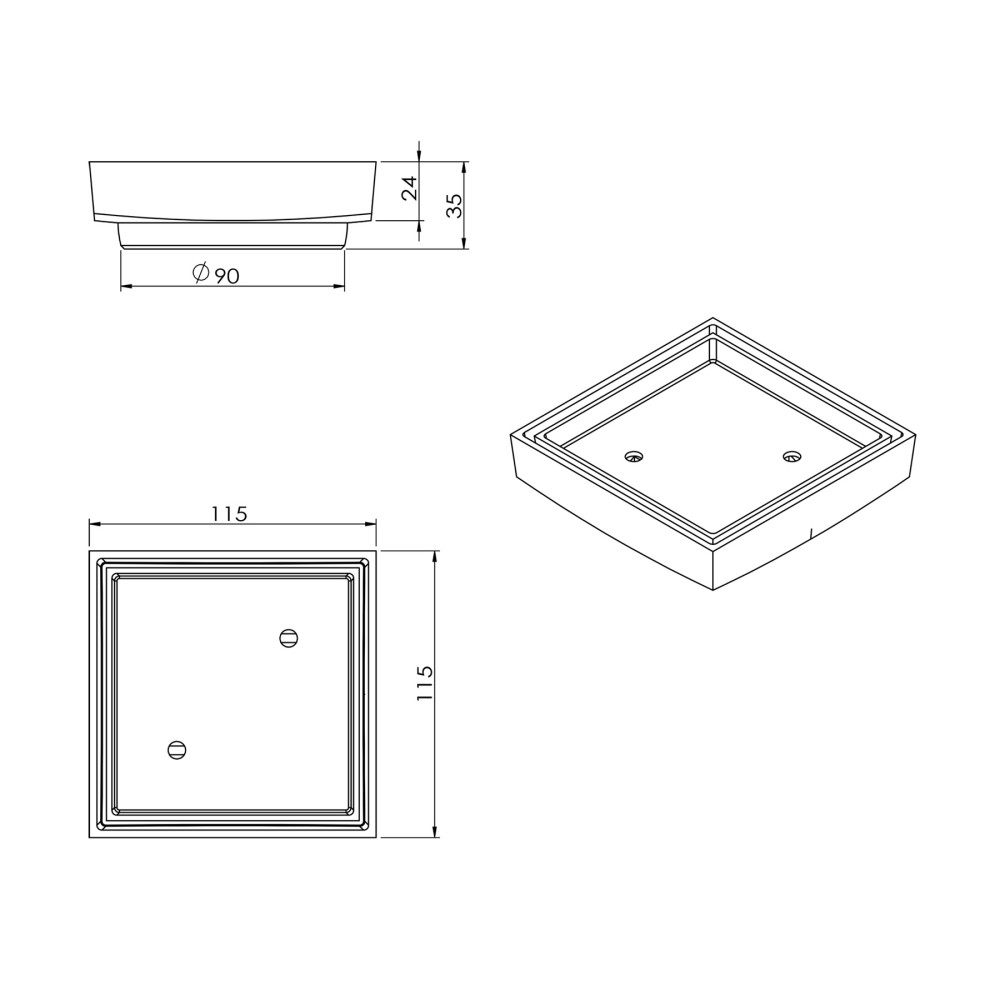 technical drawing of square drain shower with low profile measurements