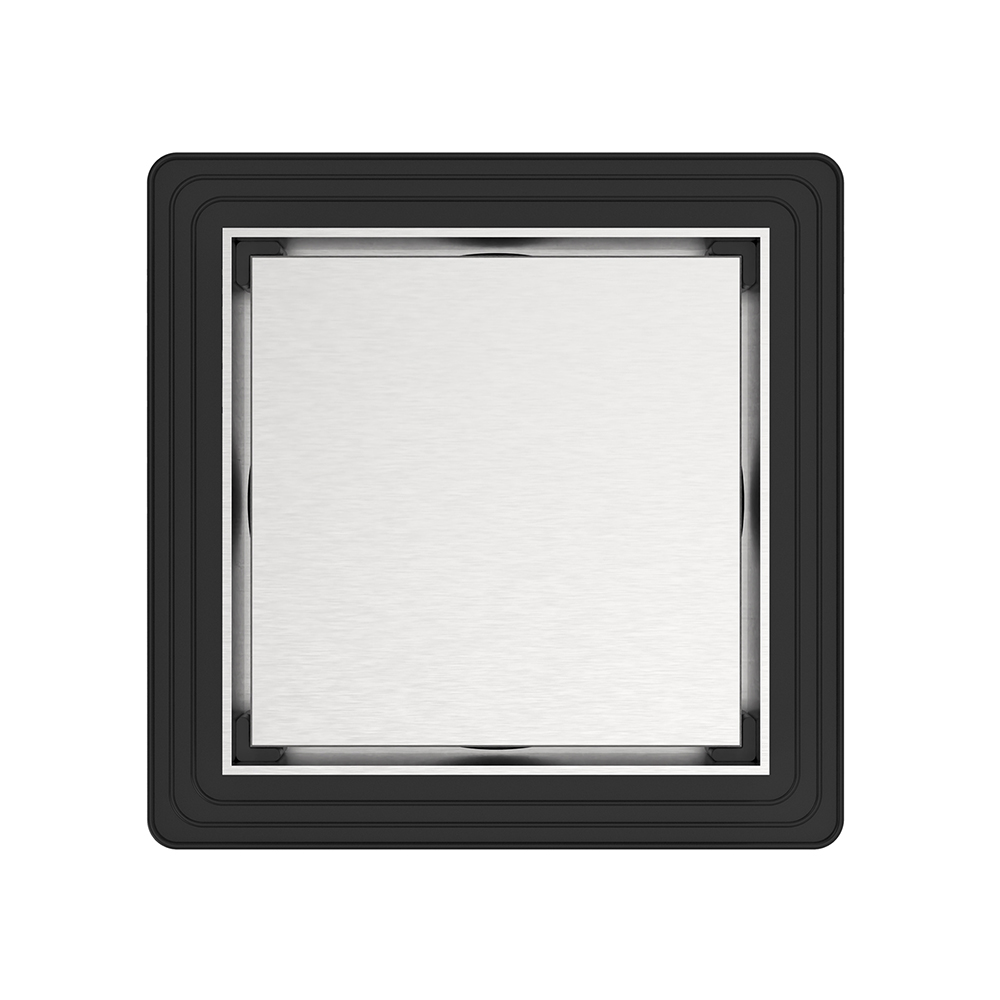Square stainless grate drain showing wide flange for tile alignment