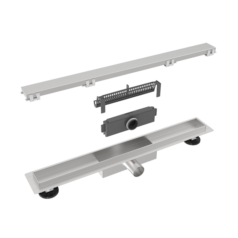 Exploded diagram of stainless steel invisible drain showing siphon and filter components