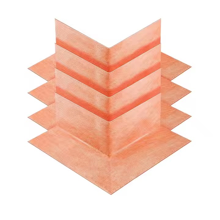 Preformed outside shower corner waterproofing membrane made of orange polyethylene for bathroom sealing