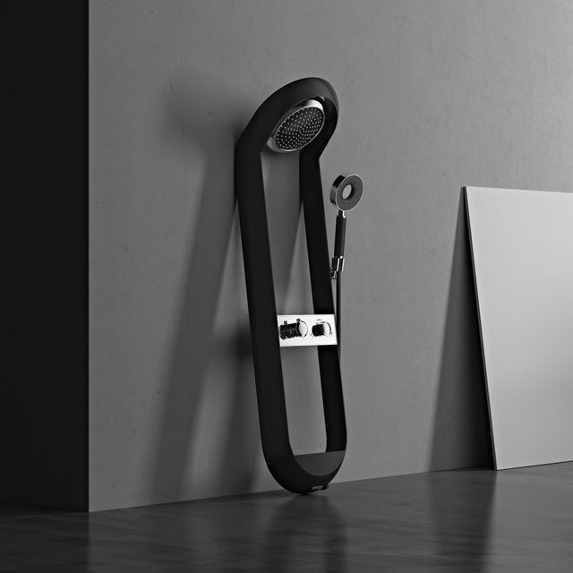 black shower panel system with thermostatic control studio scene