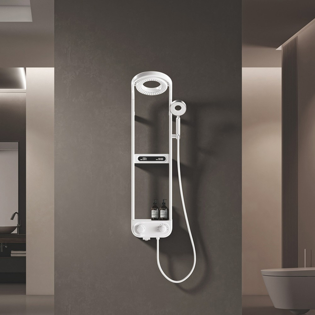 Wall mounted digital shower set installed in modern bathroom interior