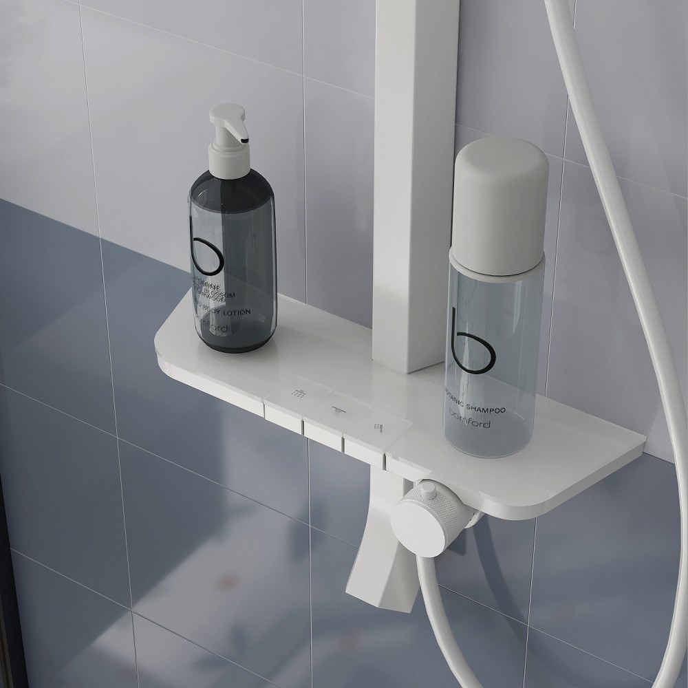 Rain shower set with built in shelf and control knob detail