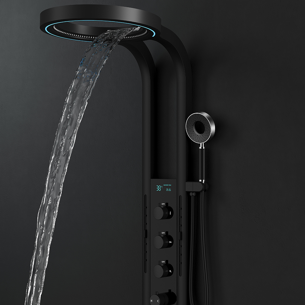 Waterfall spray effect from LED shower system in black
