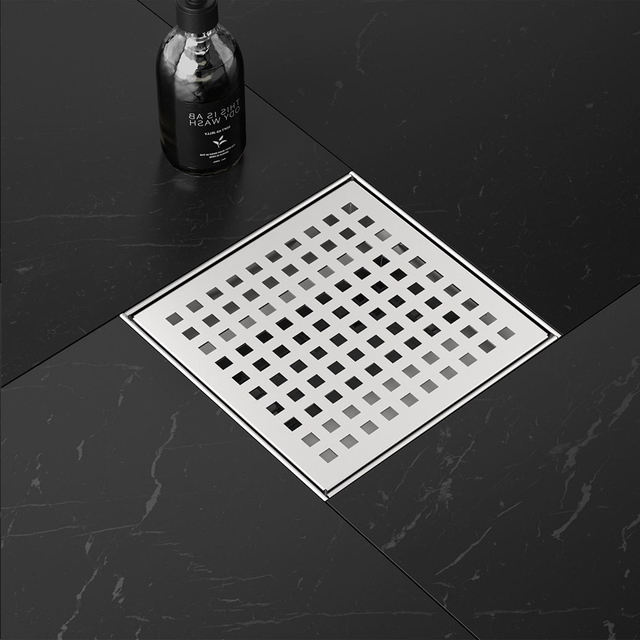 Square shower drain assembly applied on floor with horizontal drain design and stainless grate