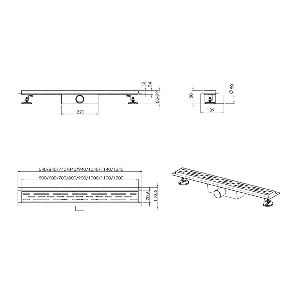 technical drawing of linear shower drain channel dimensions and outlet