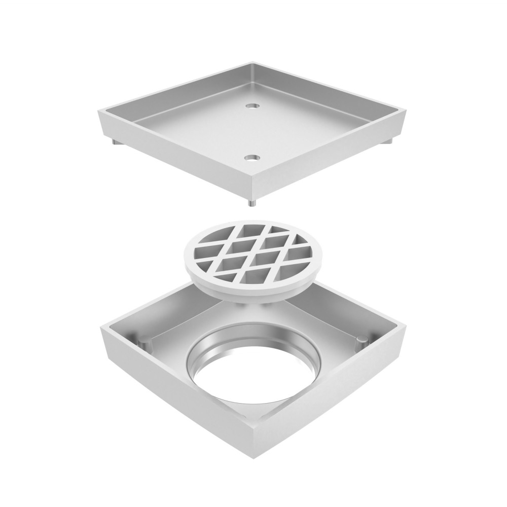 exploded assembly of square brass drain with upgraded filter core